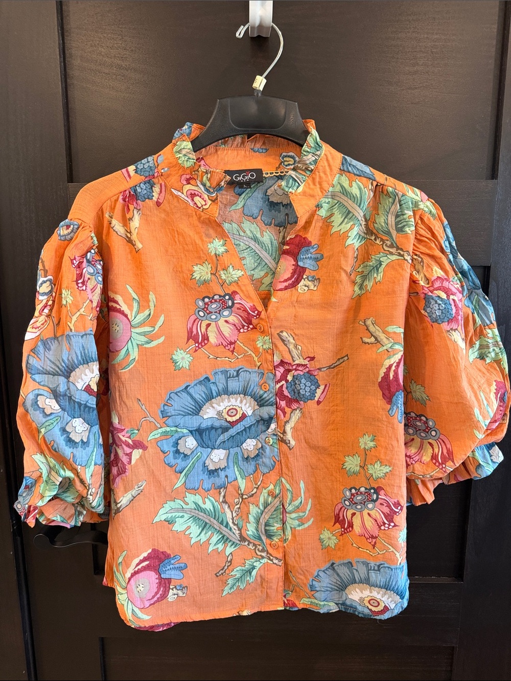 Orange Floral Puff-Sleeve Blouse
